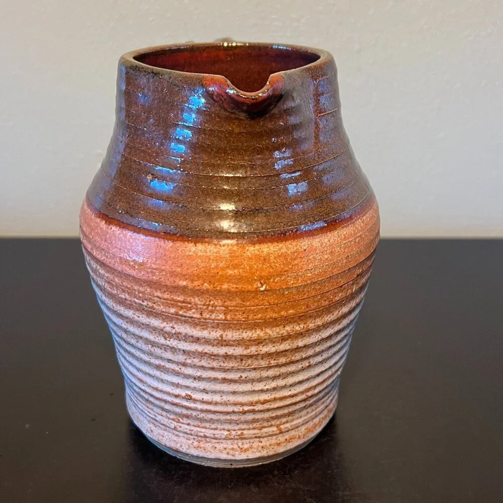 Handcrafted Hand Thrown Studio Clay Pottery  Rounded & Ribbed Water Pitcher - Picture 7 of 16